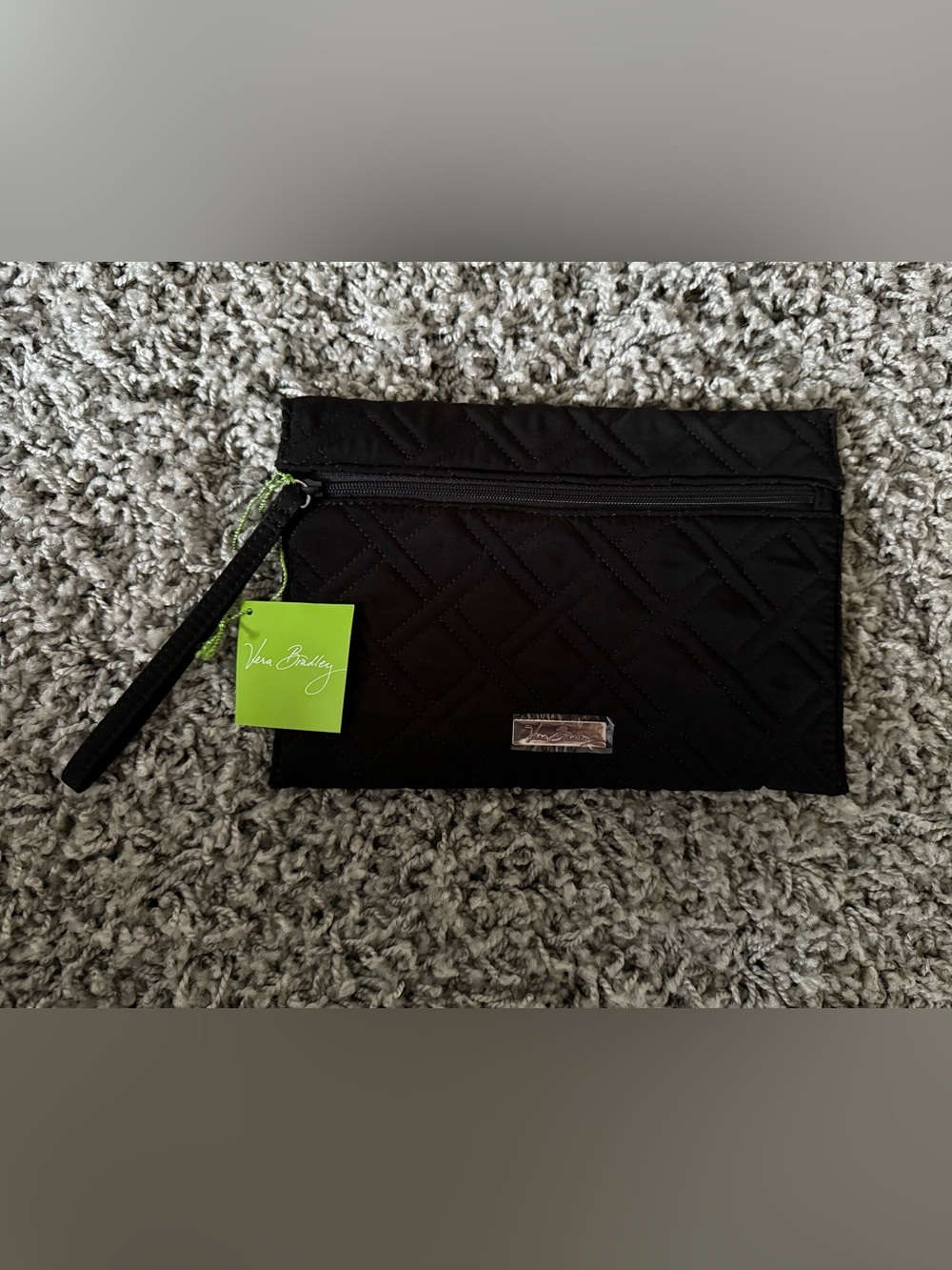 Vera Bradley Classic Black Quilted Slim Zip Wristlet with Metal Logo NWT